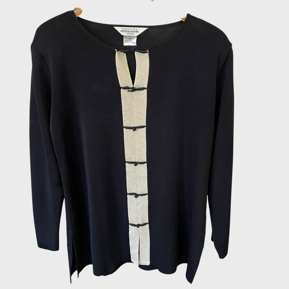 Misook Vintage Sweater Pullover Black Gold Crochet.